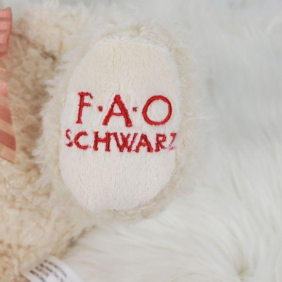 Fao Schwarz Cream Fuzzy Peach Striped Bow Teddy Bear Plush 9.5" NWT - Picture 9 of 14
